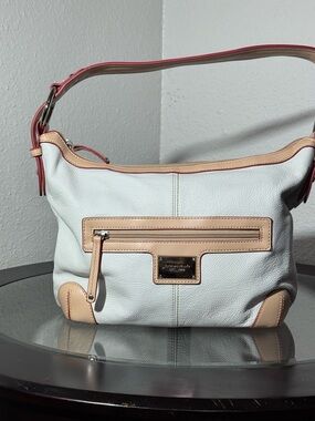 Tignanello White Pebble Leather Shoulder Bag with Tan and red Trim